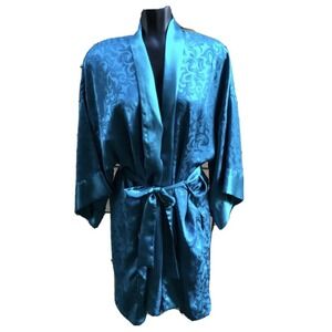 Vintage Victoria's Secret Gold Label Teal L Kimono Short Belted Robe Damask‎ OS
